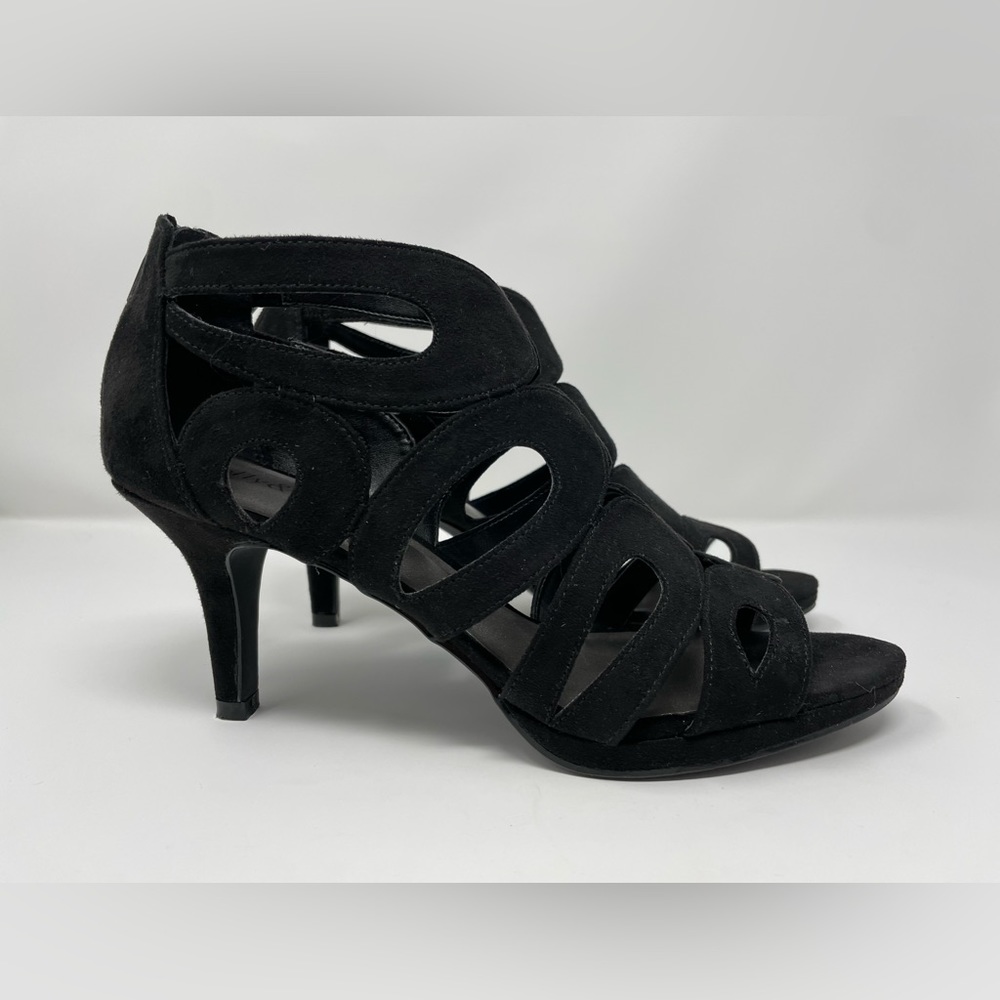 Kelly & Katie Black Faux Suede Dita High Heel Peep Toe Sandals